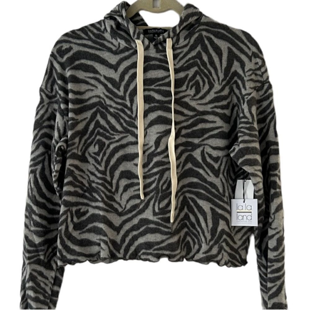 LA LA LAND Hoodie Size Small Nordstrom Cropped Gray Zebra Print NEW